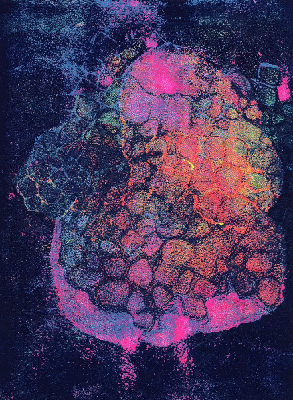 An abstract screen print by Naima Lowe in dark blues, purples, hot pink, orange and yellow 