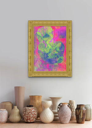 An abstract screen print by Naima Lowe in light blues, purples, pinks and greens and blues shown in an ornate gold frame in neutral domestic setting. 