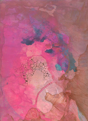 Abstract formation of cloudlike textures. The background is pinkish beige, the center is a pattern of bubble-like organic strictures. Surrounding it is a semi-opaque  pink cloud, and on one side is a puddle of blue, with hues ranging from dark to light. In the bottom right corner is a reddish-brown line drawing which looks like the structure of fabric, or wood, creating another cloudlike structure. 